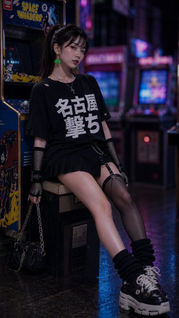 A young woman with black hair in a ponytail, wearing a black t-shirt, pleated skirt, fishnet gloves, and thigh-high stockings, sits in a dimly lit arcade with neon lights.