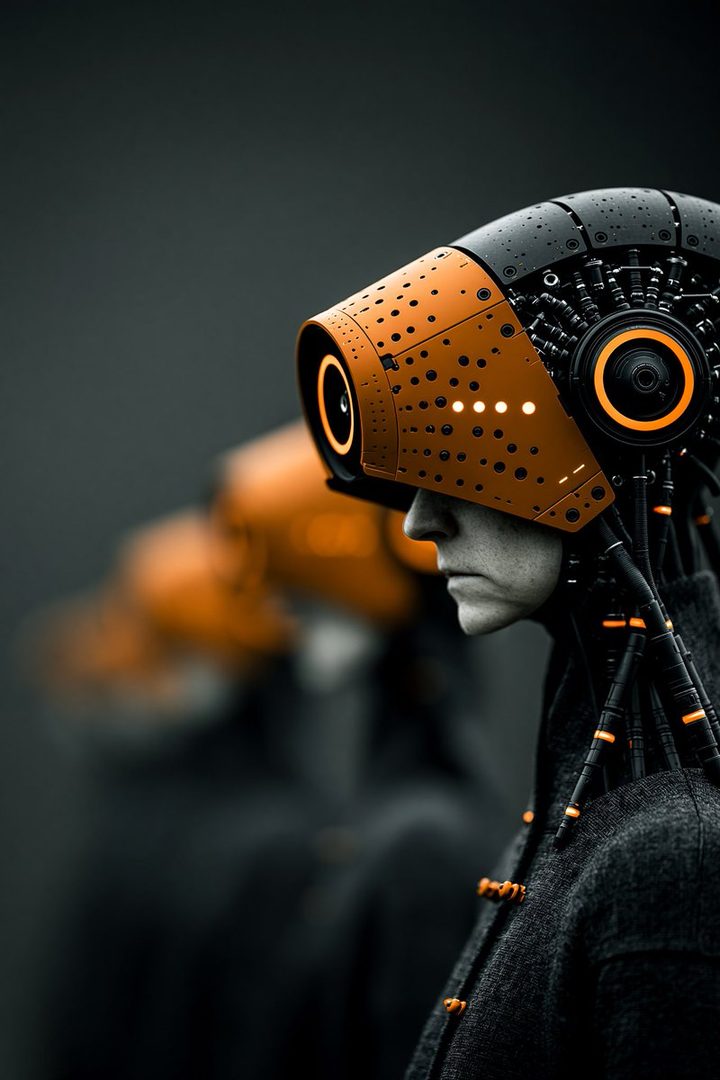 A profile portrait of an AI-generated person wearing a futuristic orange and black helmet with glowing lights, set against a dark, blurred background.