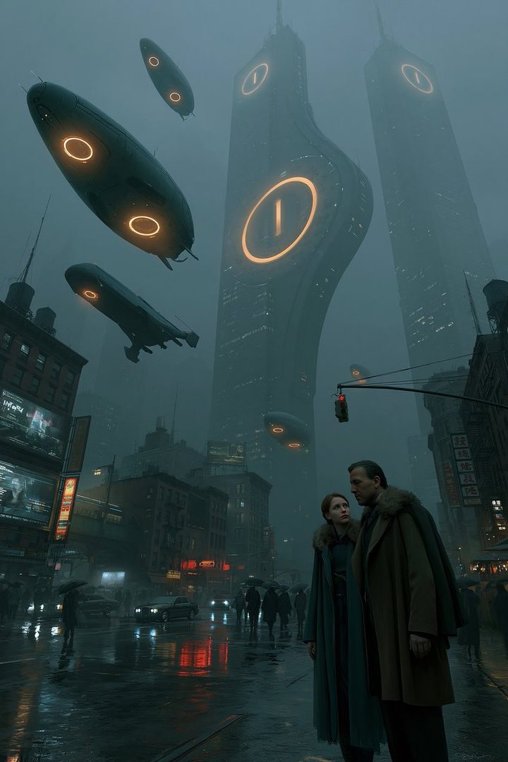 A couple stands on a rainy city street at night, looking up at futuristic skyscrapers and flying vehicles.