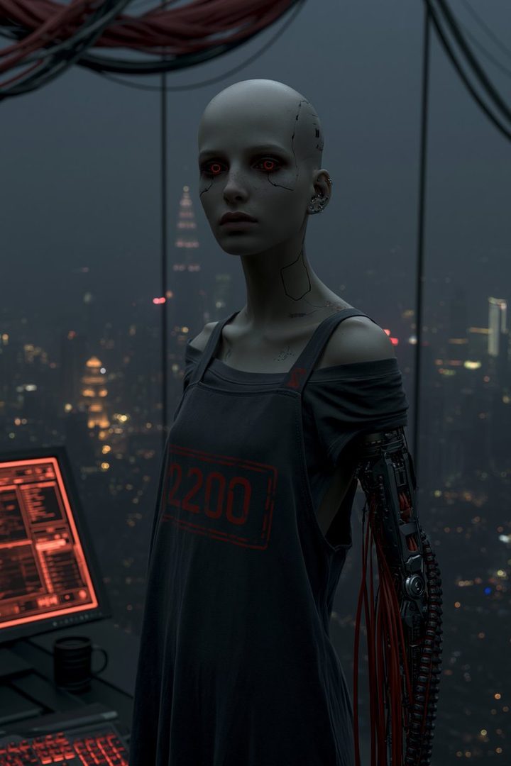 A bald AI model with red glowing eyes and a robotic arm stands in front of a city skyline at night, wearing a dark t-shirt with '2200' printed on it.