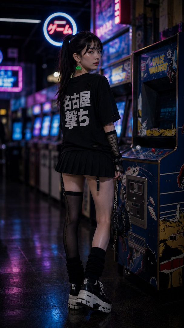 A young woman with black hair in a ponytail, wearing a black t-shirt, pleated skirt, and platform shoes, stands in a neon-lit arcade.