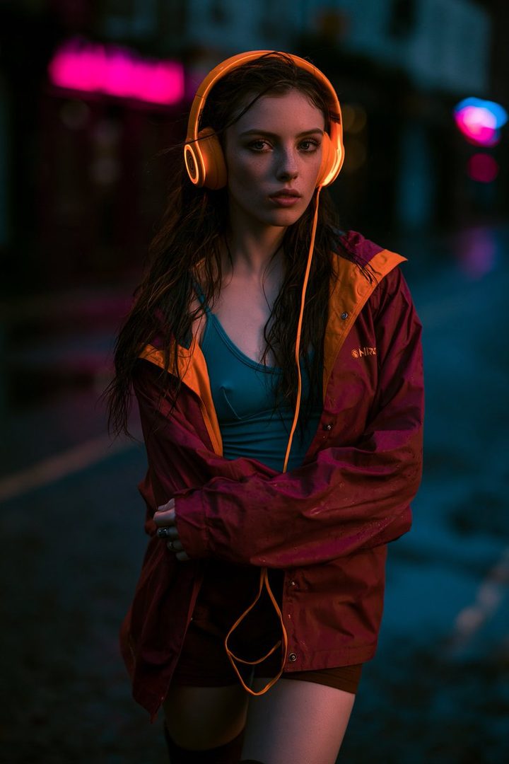 A young woman with long dark hair wears headphones with glowing orange accents and a maroon and yellow jacket, standing in a neon-lit urban environment at night.