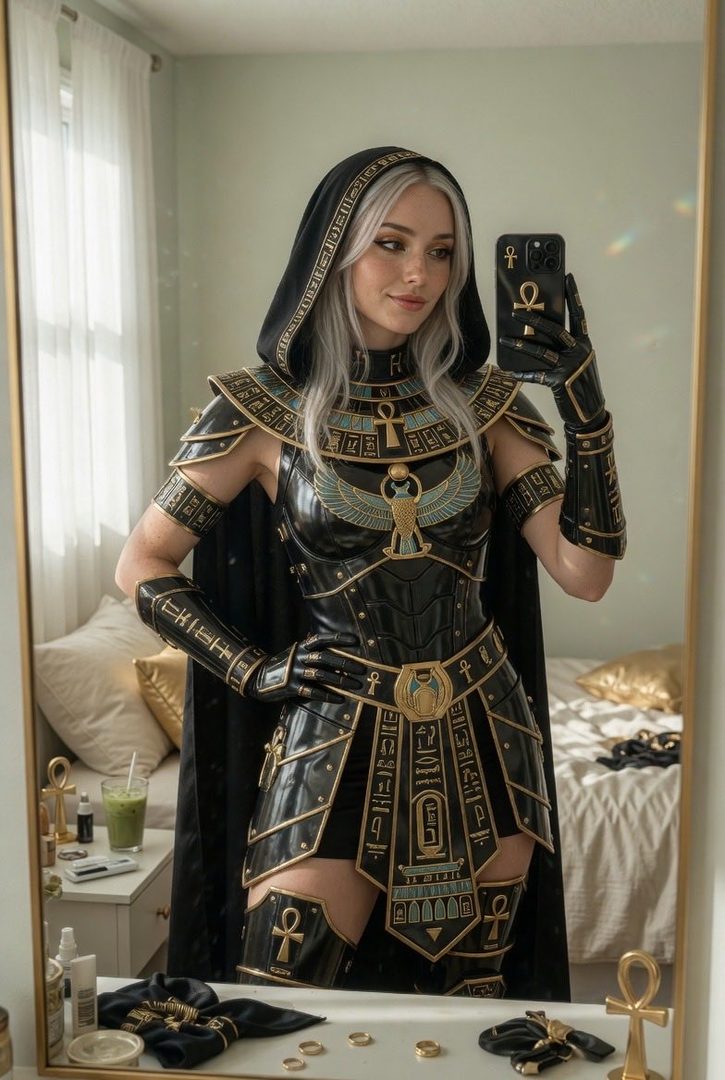 A woman in a detailed Egyptian-inspired costume, complete with a hooded cape and ornate armor, takes a selfie in a mirror.