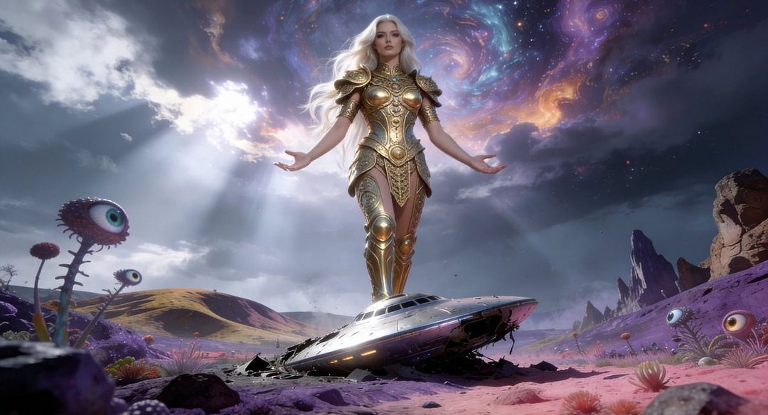A blonde woman in golden armor stands on a crashed UFO in an alien landscape with strange plants and a cosmic sky.
