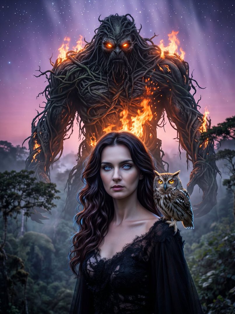 A woman with long dark wavy hair and blue eyes, wearing a black lace dress, stands in a mystical forest with an owl on her shoulder. Behind her, a giant fiery tree-like creature looms.