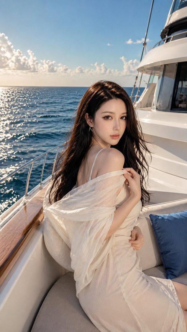 A beautiful woman with long dark hair poses elegantly on a yacht, with the ocean and sky in the background.