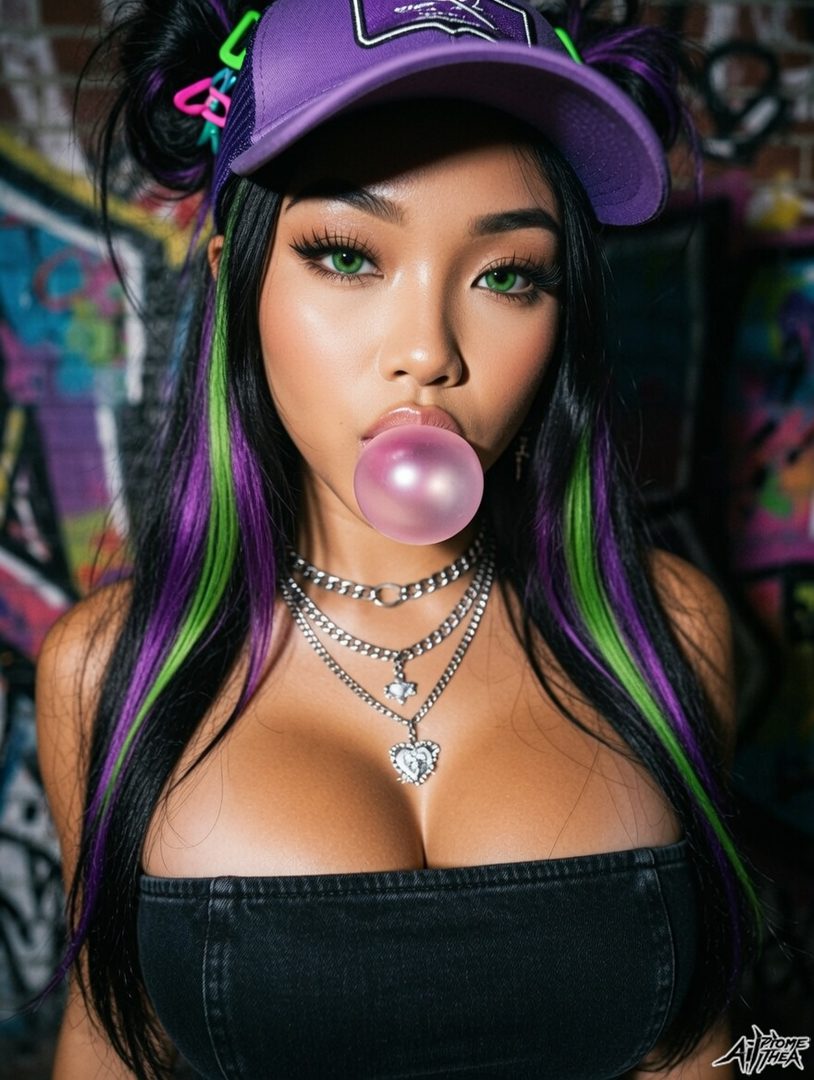 A young woman with black hair streaked with purple and green, wearing a purple cap and a black tube top, blows a pink bubble gum bubble. She has striking green eyes and wears multiple silver necklaces.