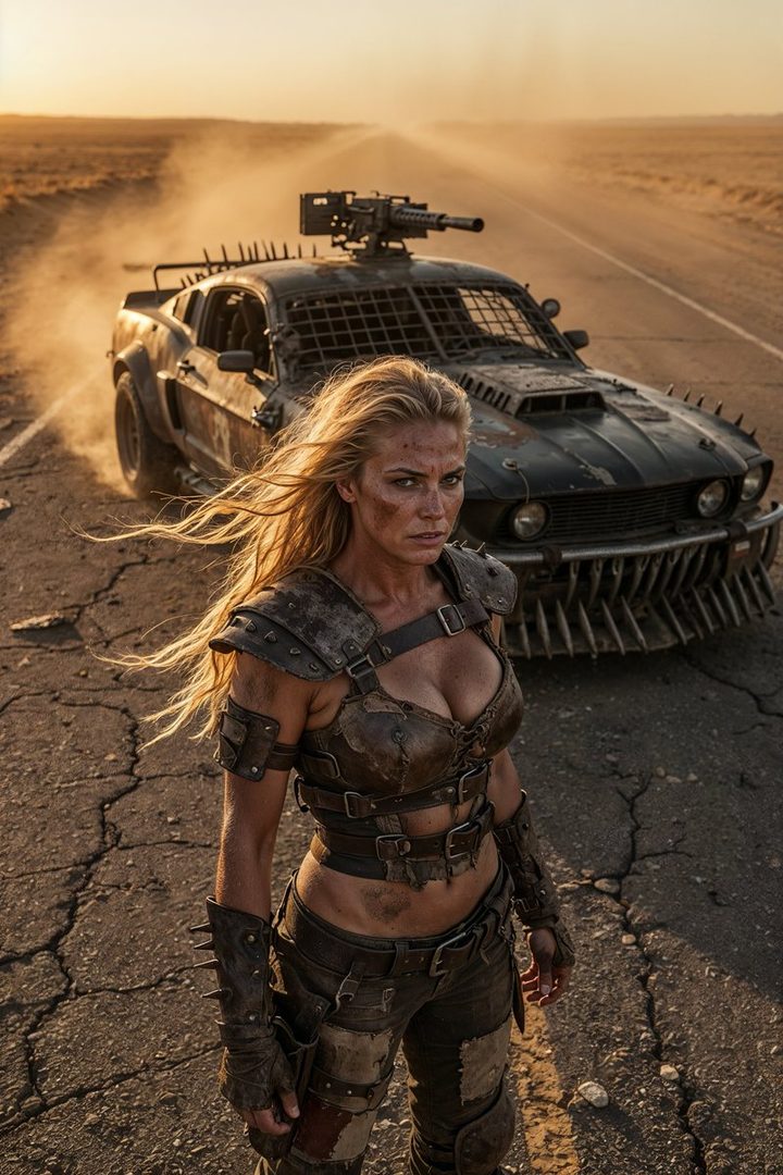A woman in post-apocalyptic warrior attire stands in a desert landscape with a modified car behind her.