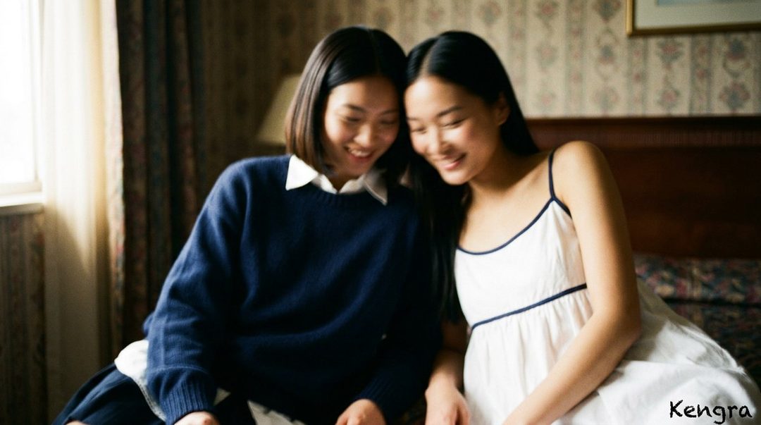 Two young East Asian women smiling and looking down, one wearing a navy sweater and white collar, the other in a white slip dress, indoors.
