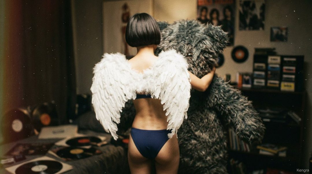 A woman with short black hair and angel wings hugs a large teddy bear in a bedroom.