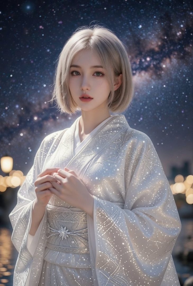 A beautiful AI-generated woman with short blonde hair, wearing a sparkling white kimono, stands against a backdrop of the starry night sky and city lights.