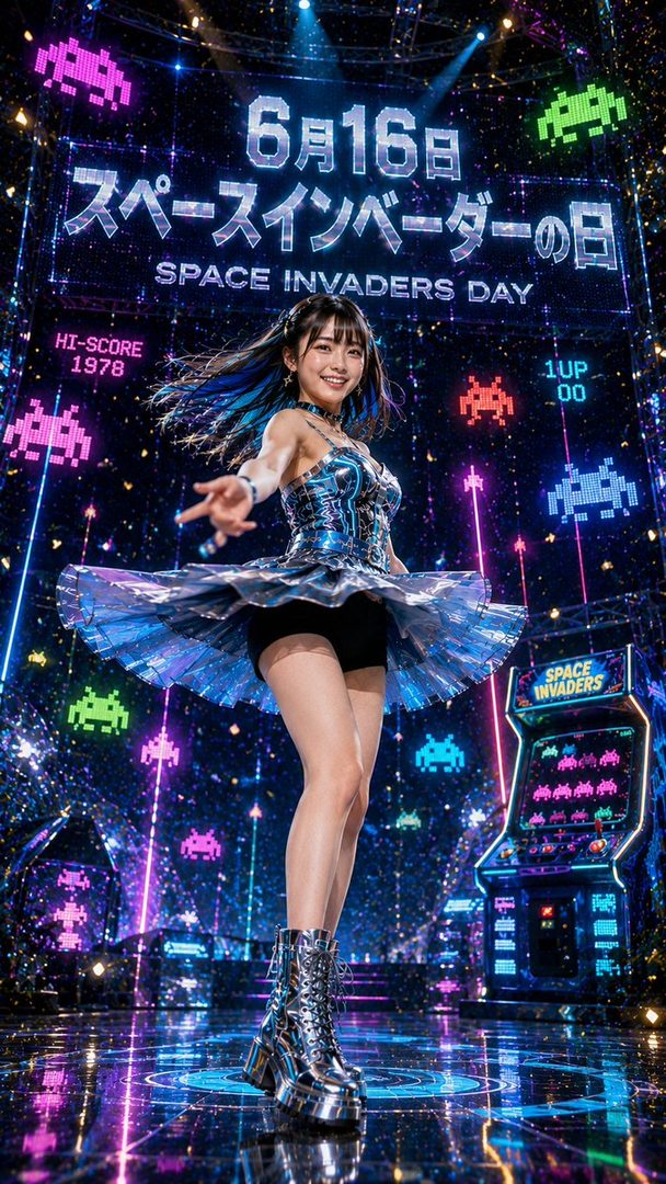 A woman in a futuristic metallic dress and platform boots poses on a neon-lit stage celebrating Space Invaders Day, surrounded by pixel art aliens and arcade machines.