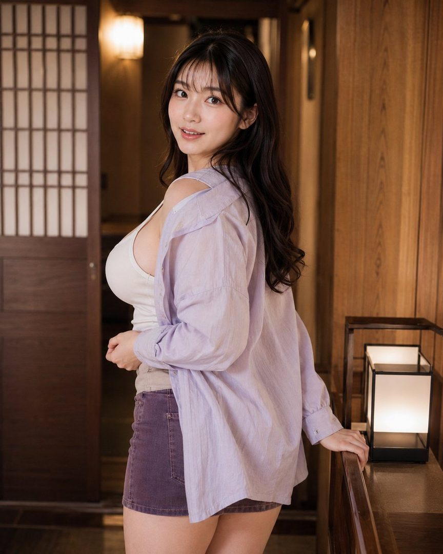 A young woman with long dark hair, wearing a white top and a lavender open shirt with a purple skirt, poses in a traditional Japanese ryokan hallway.