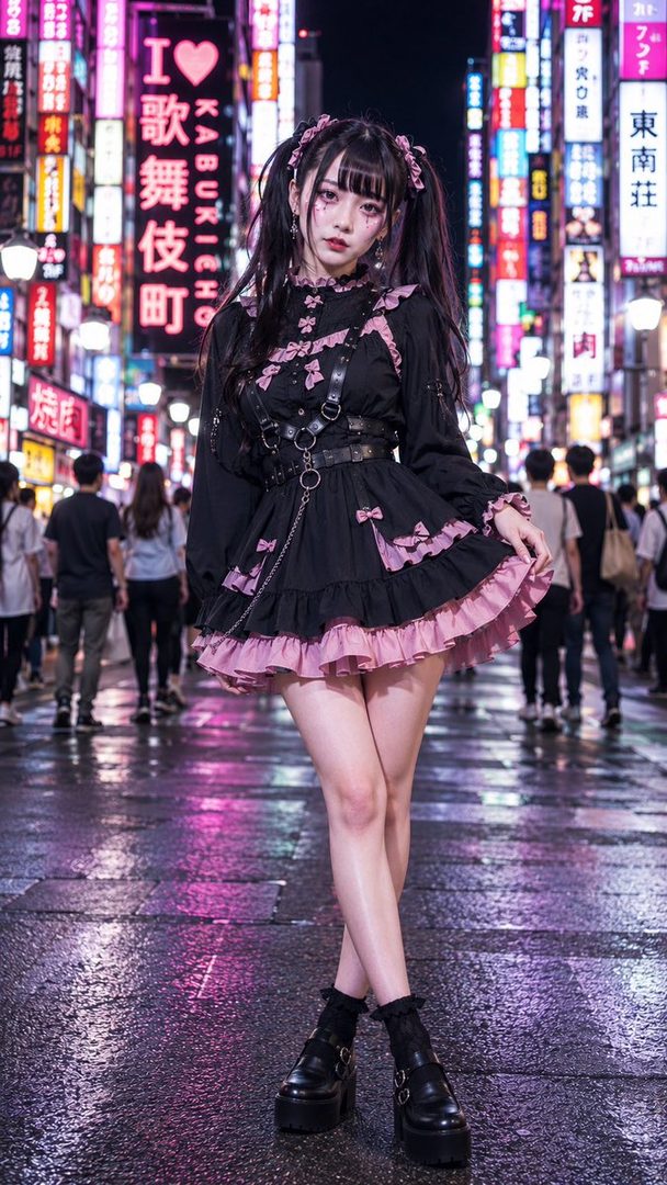 A young woman in a black and pink gothic lolita dress with twintails stands on a wet city street at night, illuminated by neon signs.