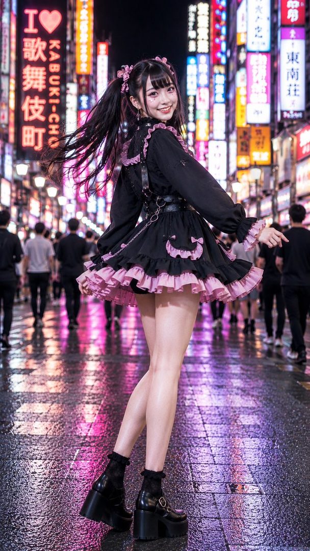 A smiling woman with black pigtails and a gothic lolita dress poses on a neon-lit city street at night.
