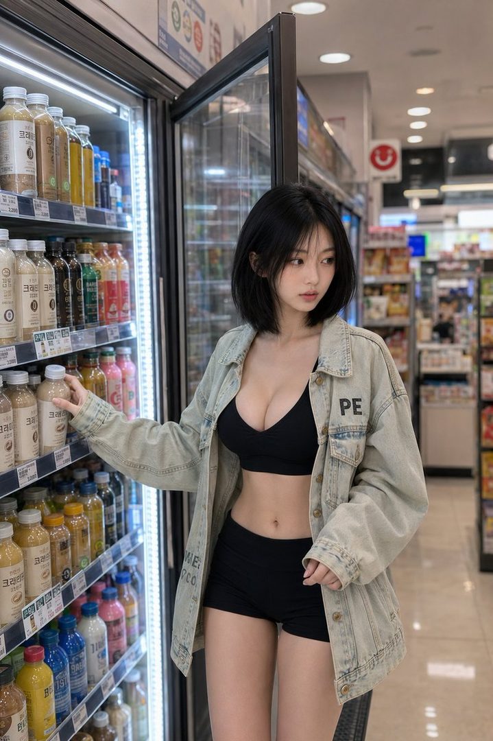 A young East Asian woman with short black hair, wearing a black crop top and a denim jacket, stands in a convenience store aisle, reaching for a drink.