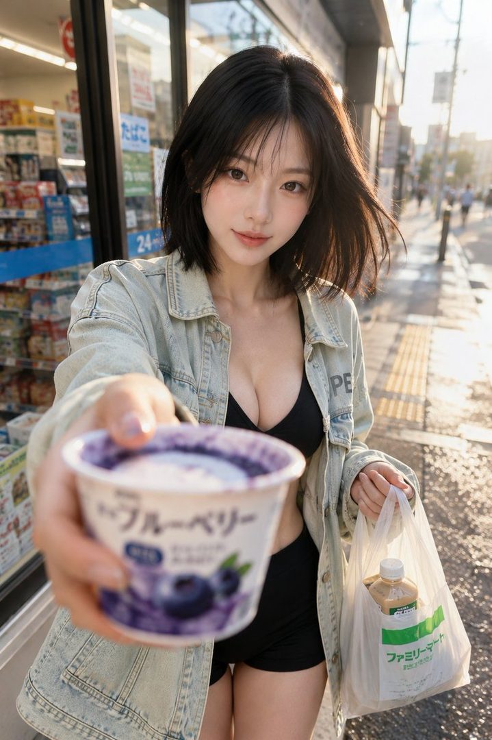 A young woman with short black hair, wearing a denim jacket over a black top, offers a cup of yogurt to the camera on a sunny street.