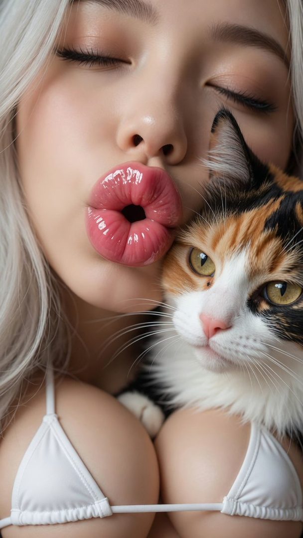 A close-up portrait of a woman with platinum blonde hair puckering her lips while holding a calico cat, wearing a white bikini top.