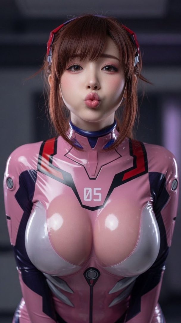 A young woman with brown hair and bangs, wearing a pink and white form-fitting outfit with blue accents, makes a kissing face. She has large, expressive eyes and is posing for a portrait.