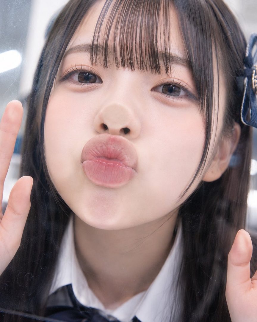 A young East Asian girl with long black hair and bangs presses her face and hands against a clear surface, making a kissy face.