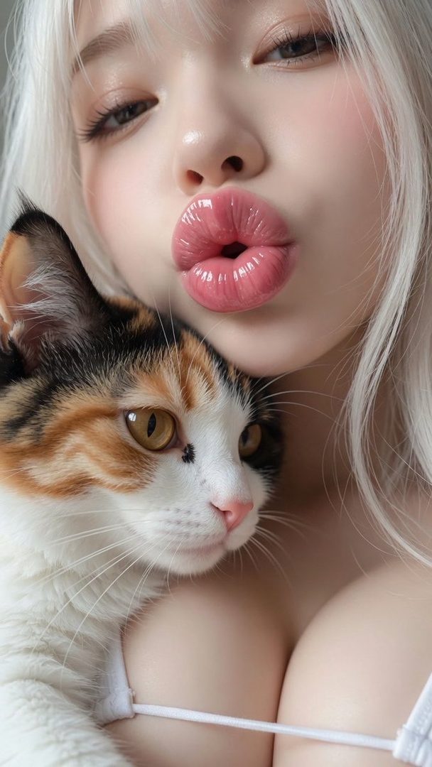 A close-up portrait of a woman with white hair and full lips, holding a calico cat. She is wearing a white top, and the image has a soft, dreamy aesthetic.