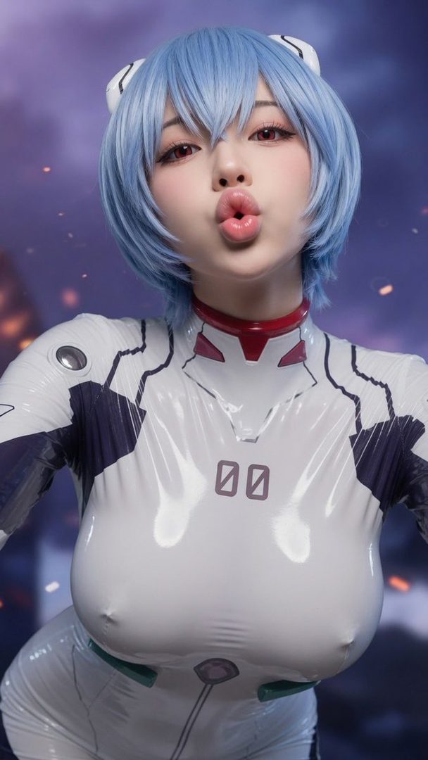A woman in a white and blue futuristic bodysuit, with blue hair and cat ears, makes a kissing face.