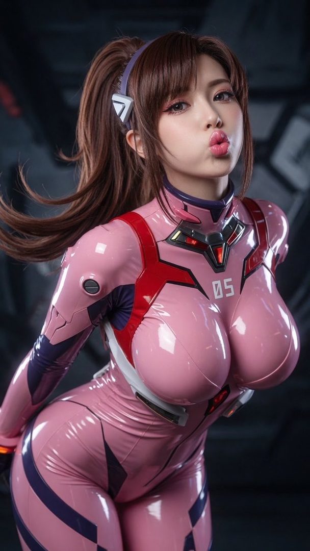 A woman in a pink plugsuit with a ponytail, making a kissing face, in a studio setting.