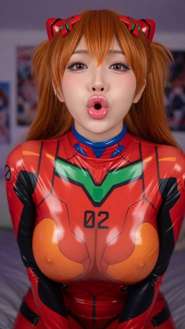 A woman in a red and orange Evangelion plugsuit cosplay, with orange twin-tails and a playful expression, posing indoors.