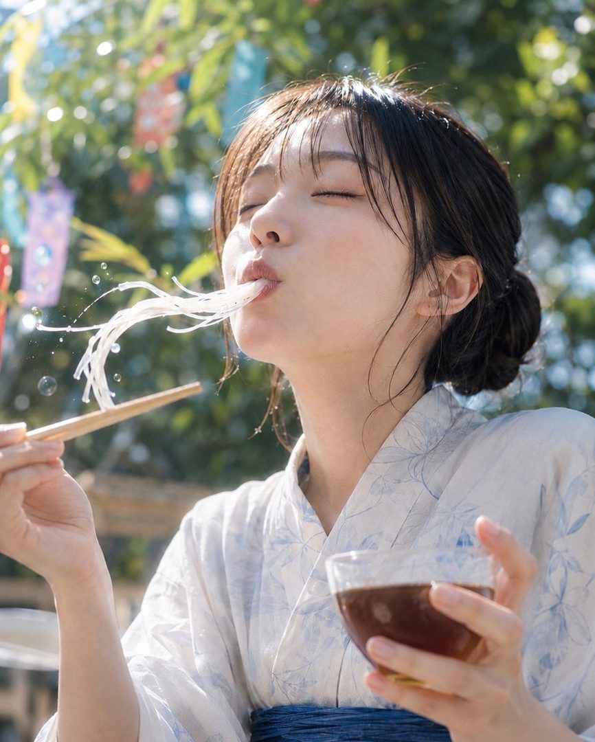 A young woman in a yukata eats somen noodles with chopsticks, holding a glass of tea, with a bokeh background of trees and colorful decorations.