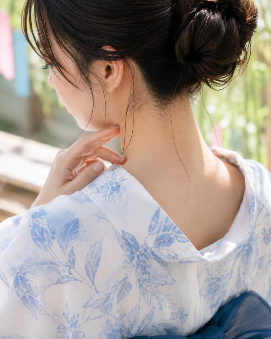A woman with her hair in a bun, wearing a white yukata with blue floral patterns, seen from behind.