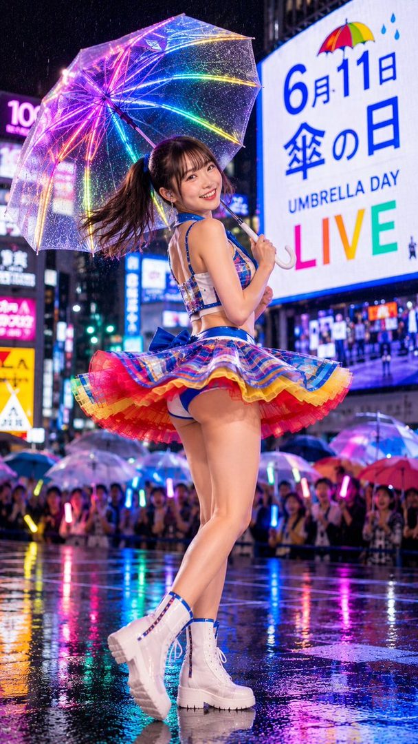A young woman in a colorful plaid outfit and white boots holds a rainbow umbrella on a wet city street at night, with neon signs in the background.