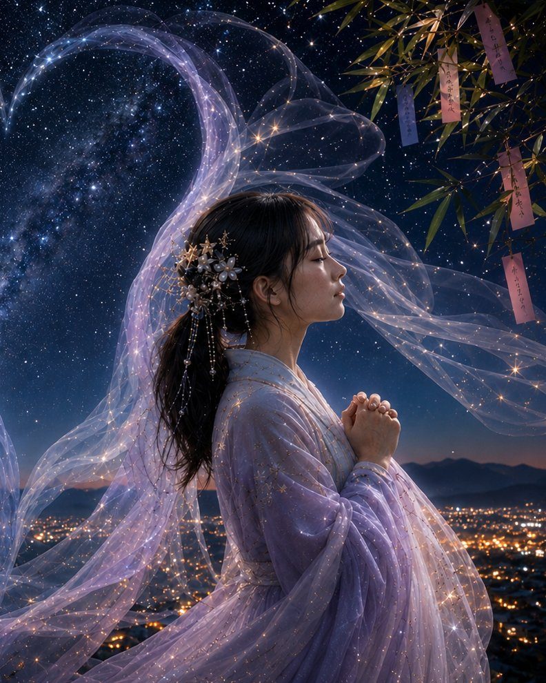 A young woman in a flowing purple dress with star-like embellishments, her hands clasped in prayer, gazes upwards at a starry night sky with a celestial heart shape and glowing ribbons. Below her, a city lights up the landscape.