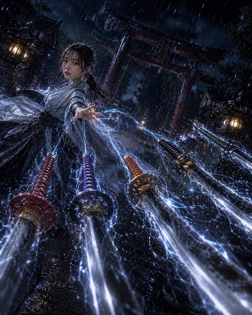 A young East Asian woman in traditional Japanese attire, with swords levitating around her, surrounded by rain and a mystical atmosphere.