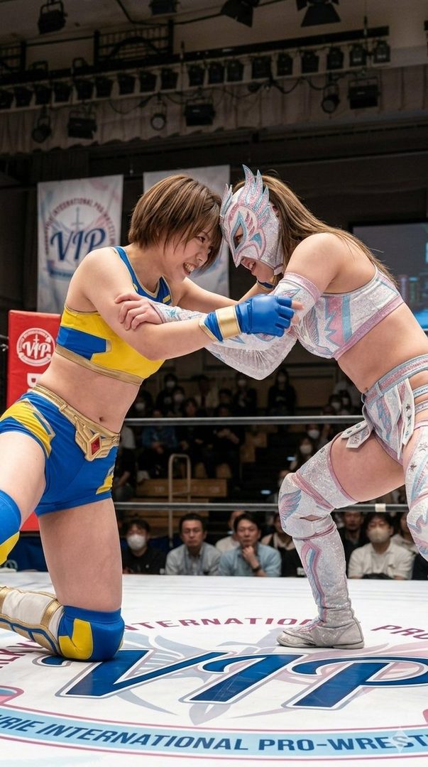 Two female wrestlers, one in a blue and yellow outfit and the other in a white and pink masked costume, grappling in a wrestling ring.
