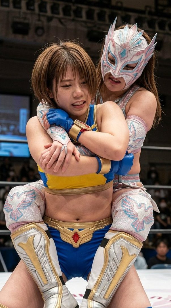 Two female wrestlers in colorful costumes grapple in a ring, one wearing a mask.