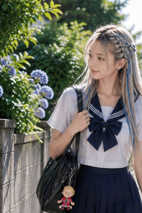 A young woman with blonde hair styled in braids and loose strands, wearing a Japanese school uniform, walks outdoors with a black school bag.