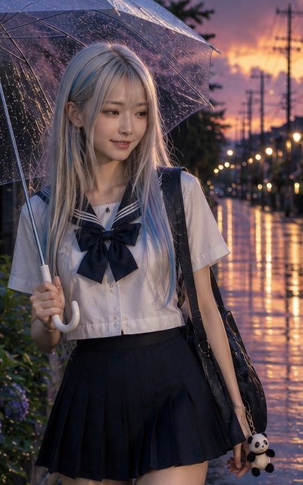A young woman in a Japanese school uniform holds an umbrella on a rainy street at dusk, with streetlights reflecting on the wet pavement.