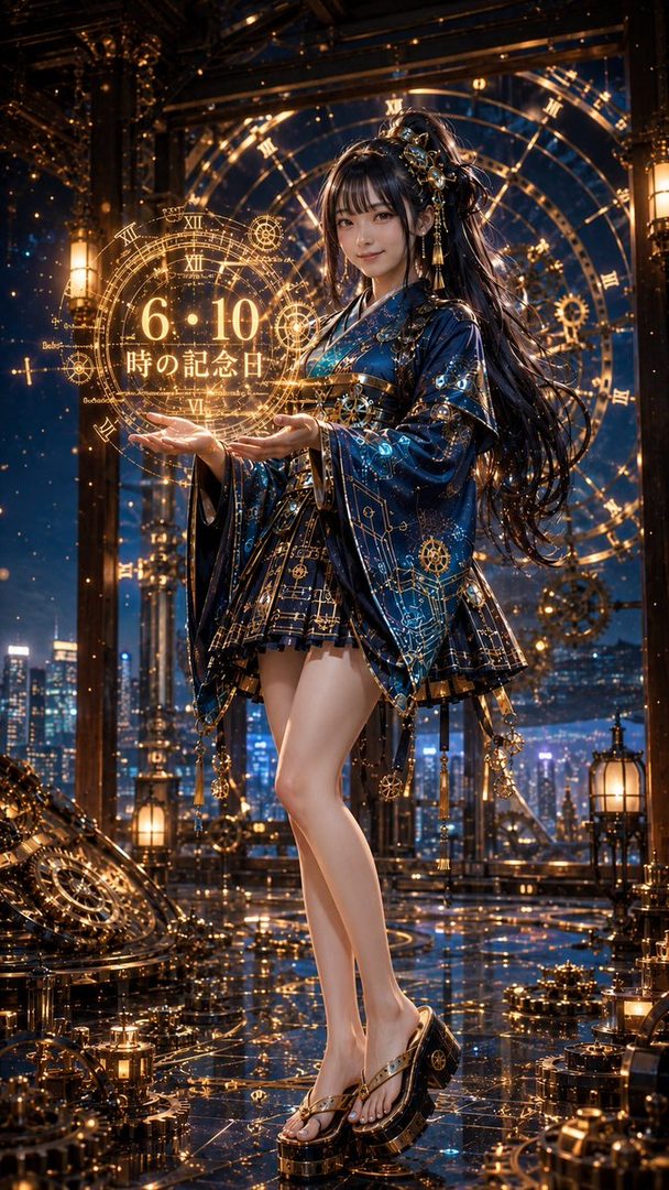 A woman in a blue and gold kimono-style dress stands in a steampunk city, holding a glowing clock face with the date 6.10.