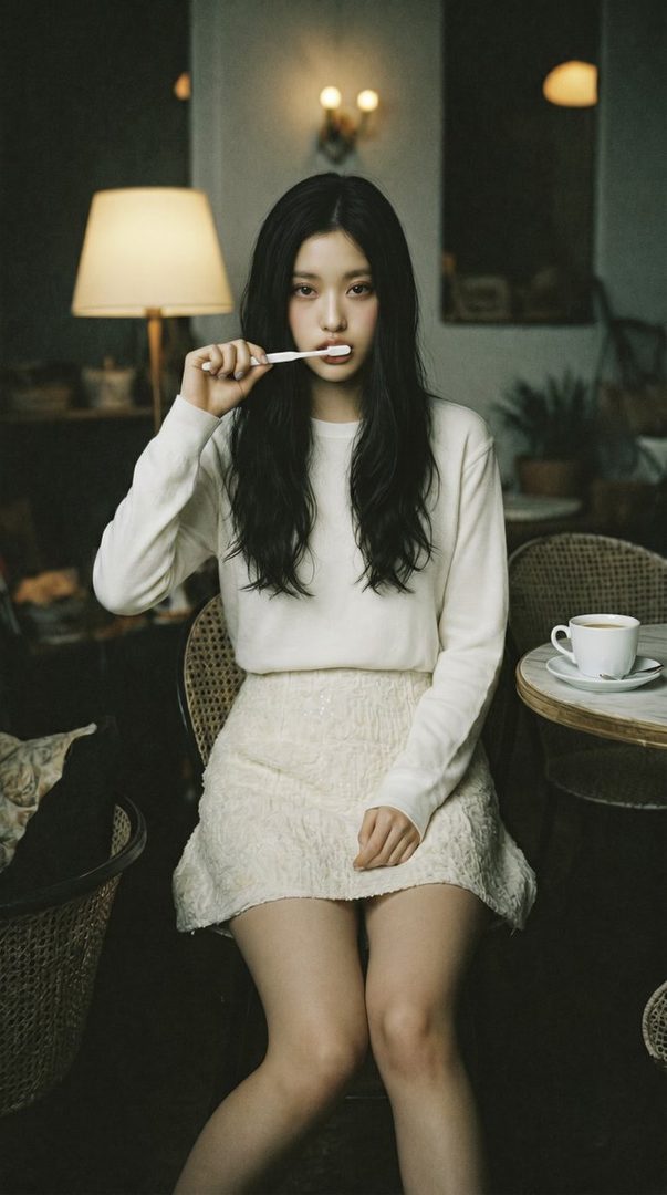 A young woman with long black hair sits indoors, holding a toothbrush to her mouth, wearing a white sweater and a textured cream skirt.