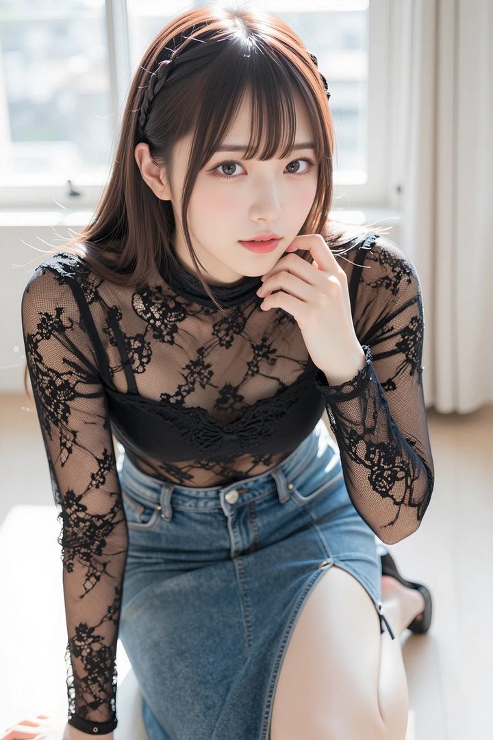 A young East Asian woman with long brown hair and bangs, wearing a black lace top and a denim skirt, poses indoors.