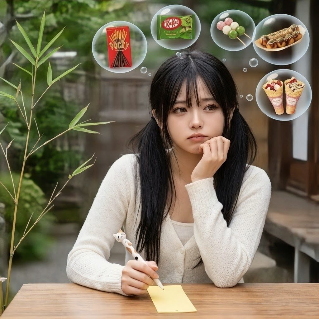 A young East Asian woman with black pigtails sits at a table outdoors, thinking about snacks like Pocky, Kit Kats, dango, takoyaki, and crepes.