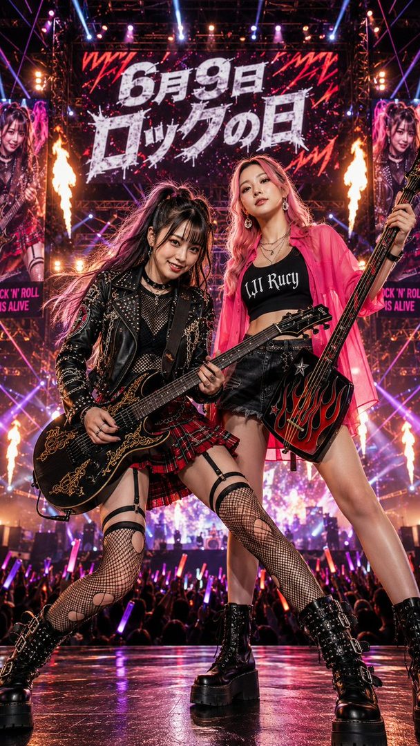 Two women dressed in rock-style outfits, holding electric guitars on a concert stage with a large screen displaying Japanese text and flames.