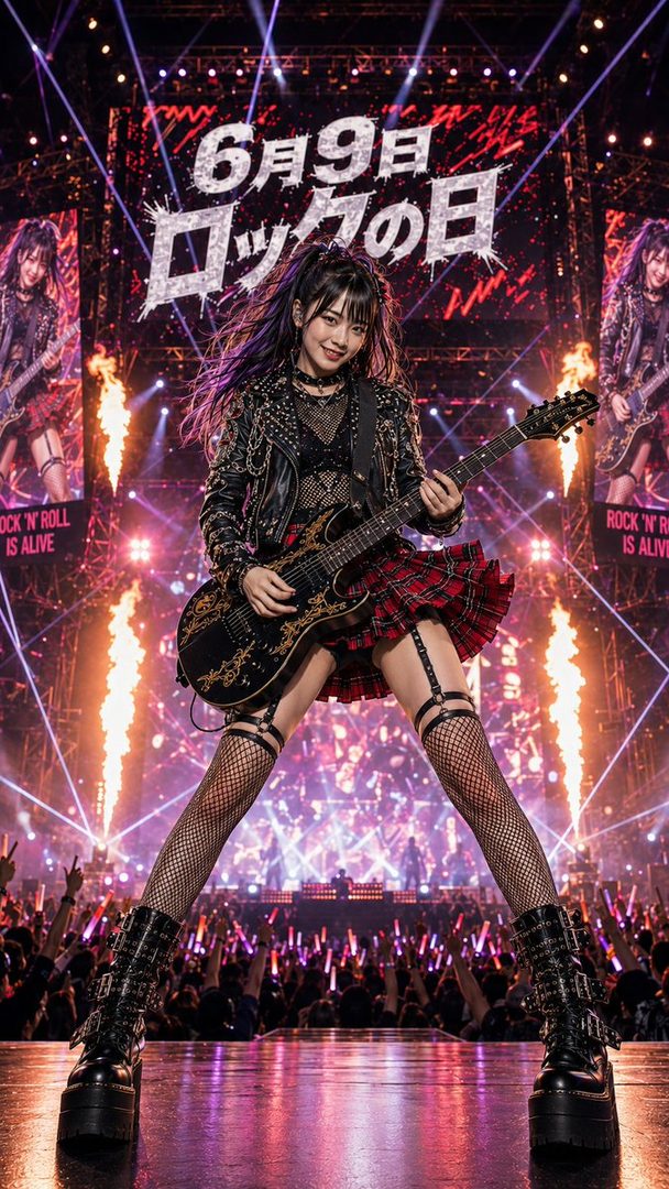 A female rock musician with dark purple hair, wearing a studded leather jacket, plaid skirt, and fishnet stockings, plays an electric guitar on a brightly lit concert stage with a large audience.