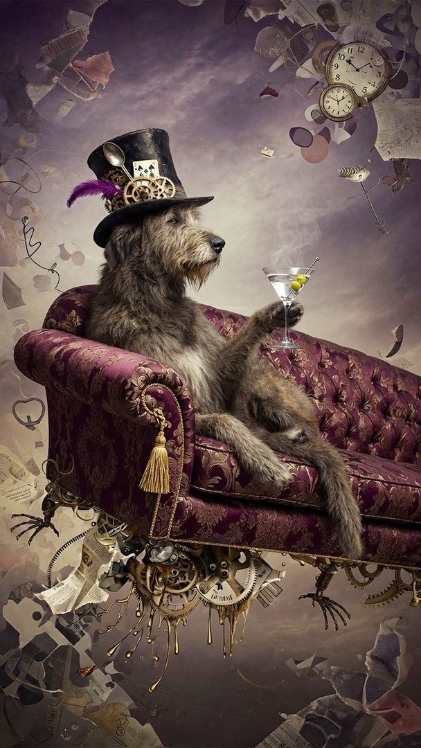 A surreal portrait of a large dog wearing a top hat and holding a martini, sitting on a luxurious sofa amidst floating clocks and papers.