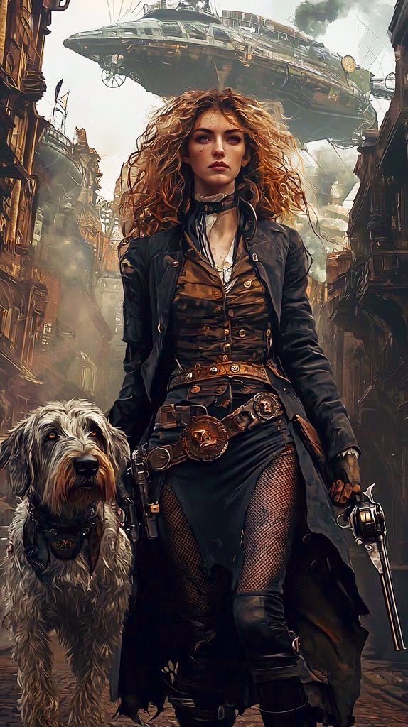 A woman with curly red hair and a dog stand in a steampunk city with airships in the background.