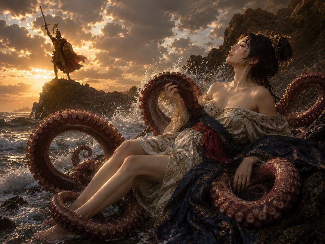 A woman in a flowing dress is entwined with tentacles on a rocky shore, with a warrior standing on a cliff in the background at sunset.