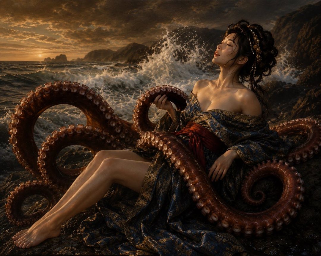 A woman with black hair styled up, wearing a dark blue and gold patterned dress, sits on rocks by the sea with tentacles wrapped around her. The sunset casts a warm glow on the scene.