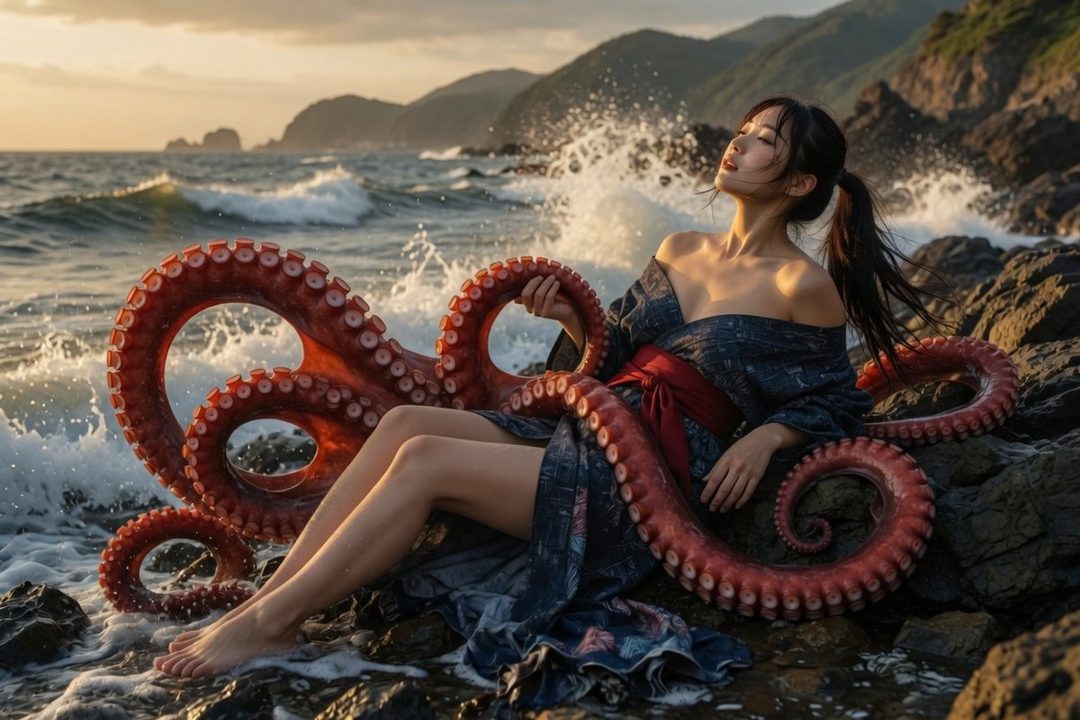 A Japanese woman in a dark kimono with a red sash sits on rocks by the sea, with a large octopus tentacle wrapped around her. The sun is setting, casting a warm glow.