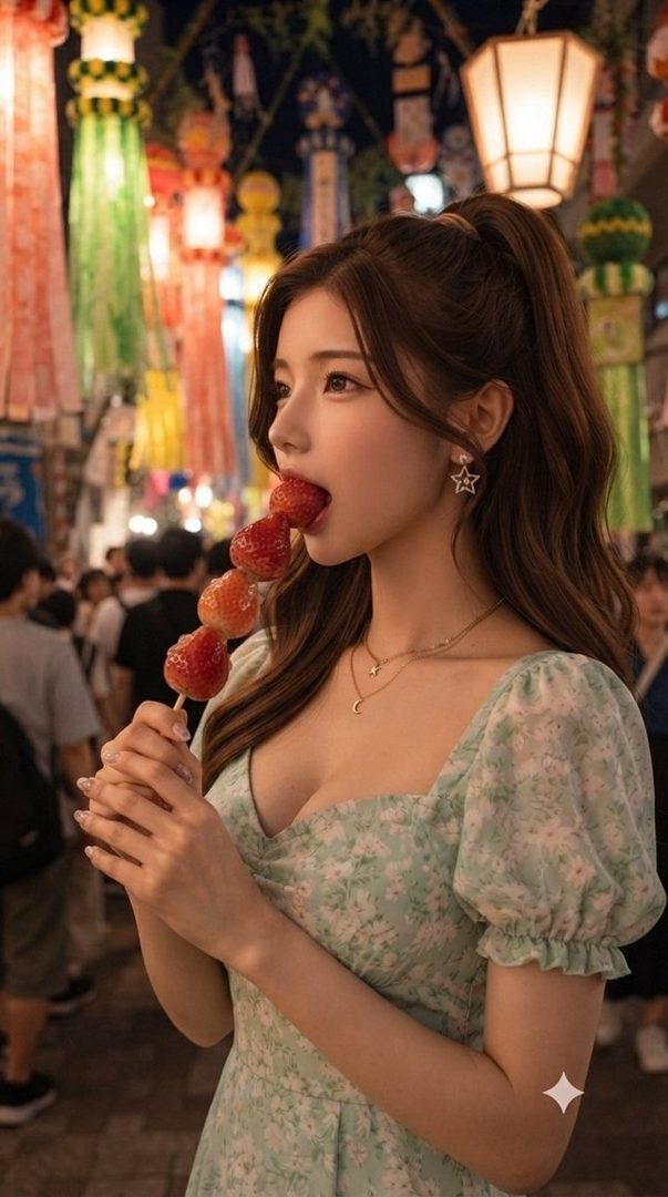 A young woman with a ponytail eats a strawberry candy apple at a night festival with colorful lanterns.