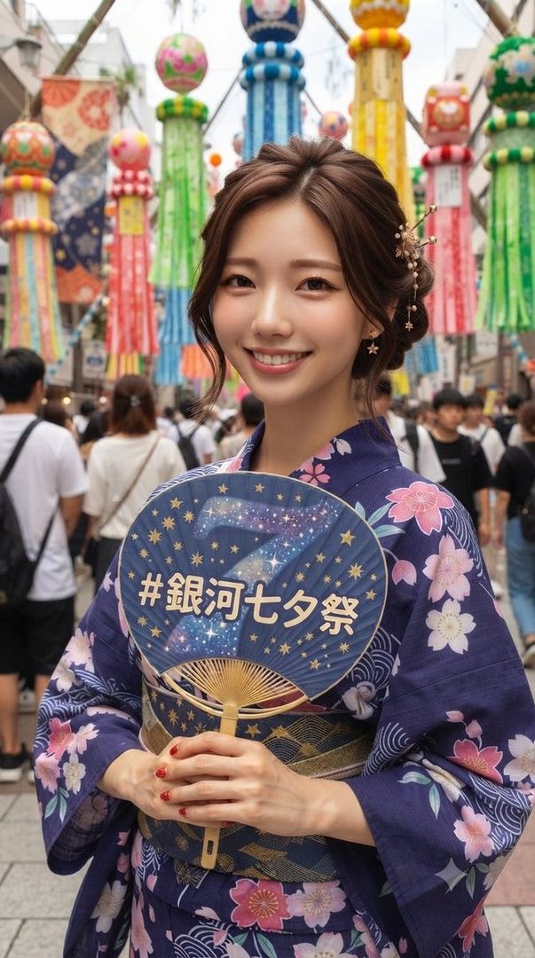 A young woman in a traditional blue kimono with pink floral patterns smiles at the camera, holding a fan decorated with stars and Japanese text. She is outdoors with colorful streamers in the background, suggesting a festival atmosphere.